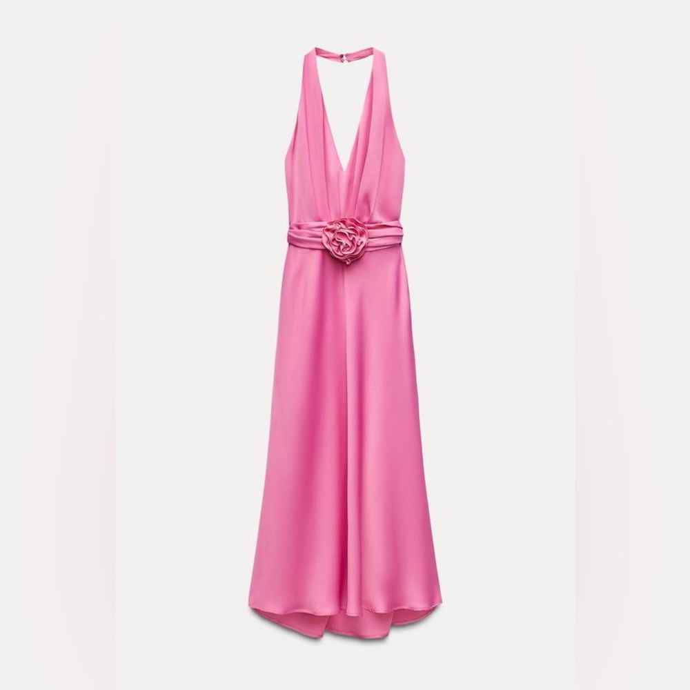 Zara Elegant Pink Satin Effect Halter Dress - Picture 3 of 7